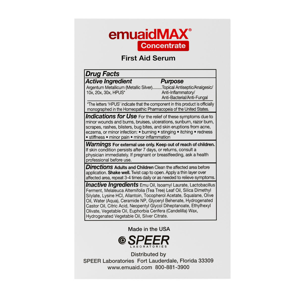 emuaidmax first aid serum label with ingredients and instructions