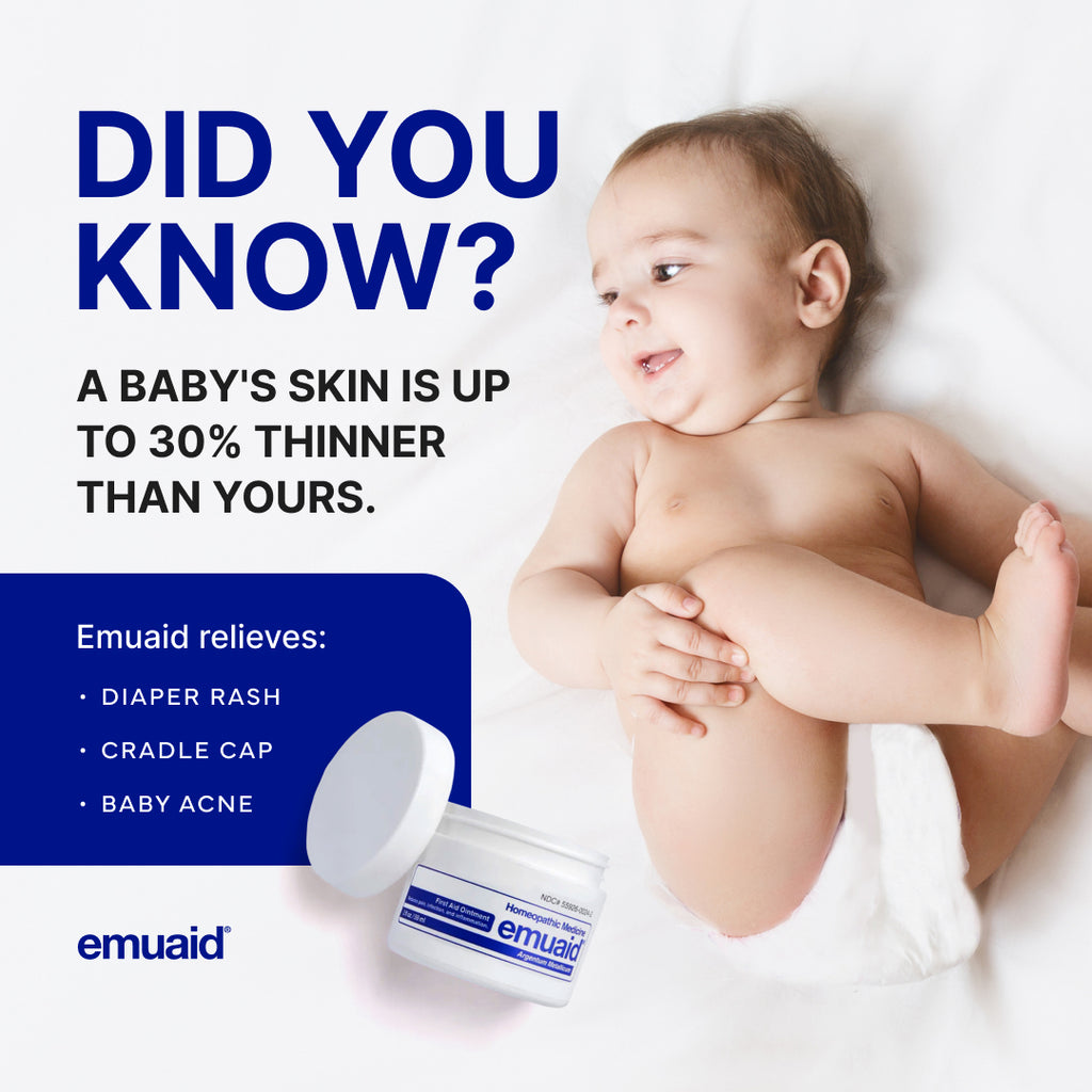 Advertisement for Emuaid baby skin care product with a baby and text about skin thickness and benefits. Advertisement for Emuaid baby skin care product with a baby and text about skin thickness and benefits.