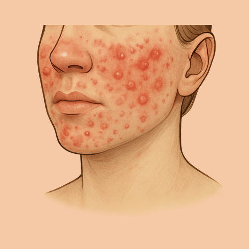 Drawn image of an acne breakout on the face