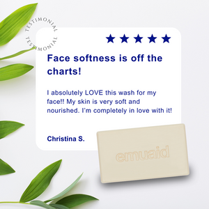 emuaid bar soap testimonial with leaves