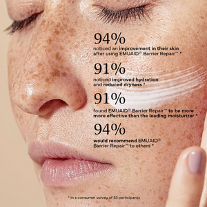 Close-up of a person's face with skincare product application, showing text about product effectiveness.