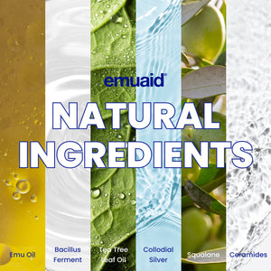 natural ingredients featuring emu oil bacillus ferment tea tree leaf oil colloidal silver squalane ceramides