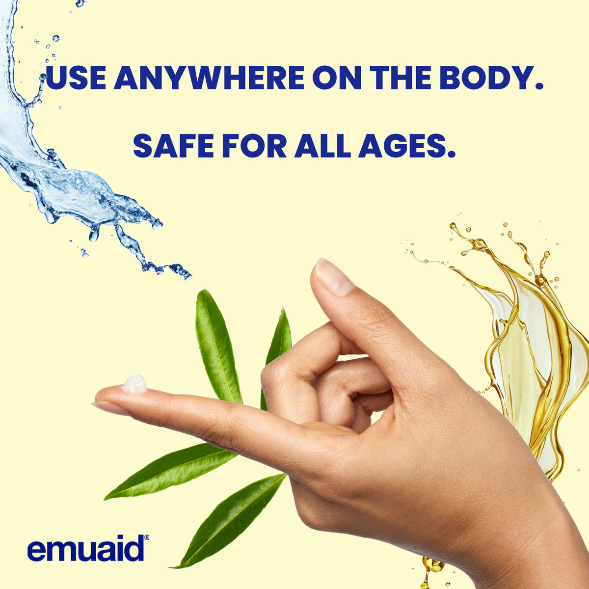 hand with moisturizing cream leaves water oil emu aid