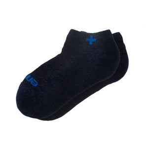black ankle socks with blue logo design