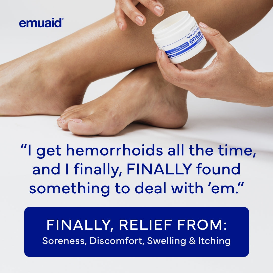 Person holding jar of emuaid first aid ointment with a quote about hemorrhoids and relief.