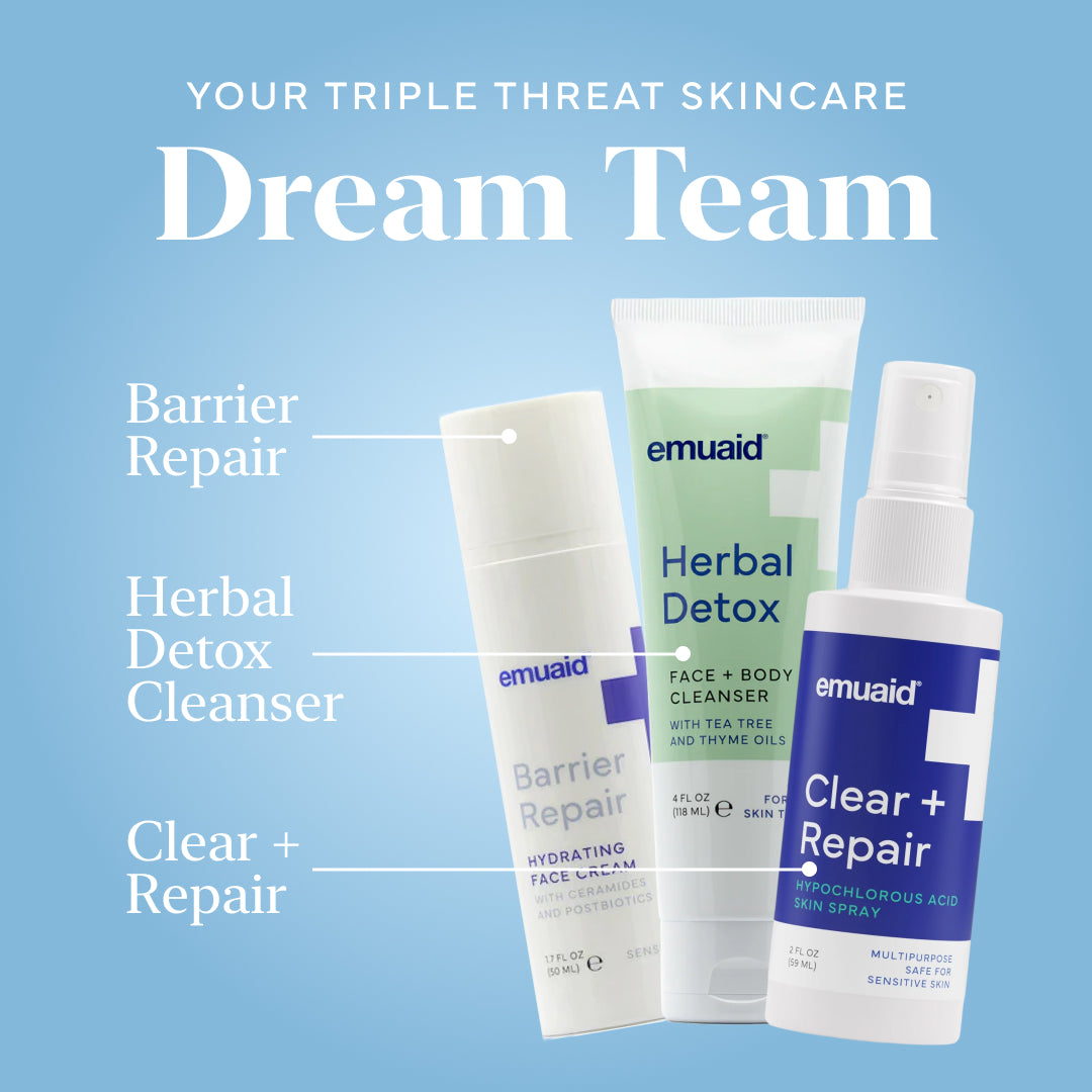 Productos Emuaid con la etiqueta «Dream Team» sobre fondo azul