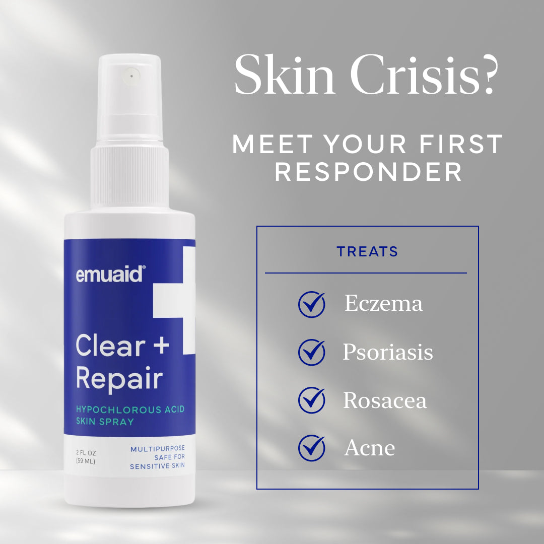 Spray per la pelle Emuaid + Repair con testo su sfondo grigio