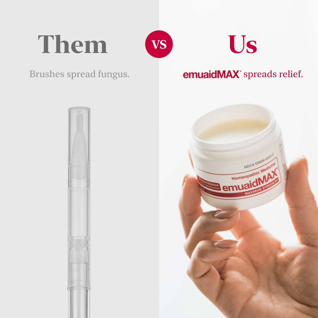 Hand holding a jar of emuaidMAX cream with a pen on a white background, emphasizing the product's benefits.