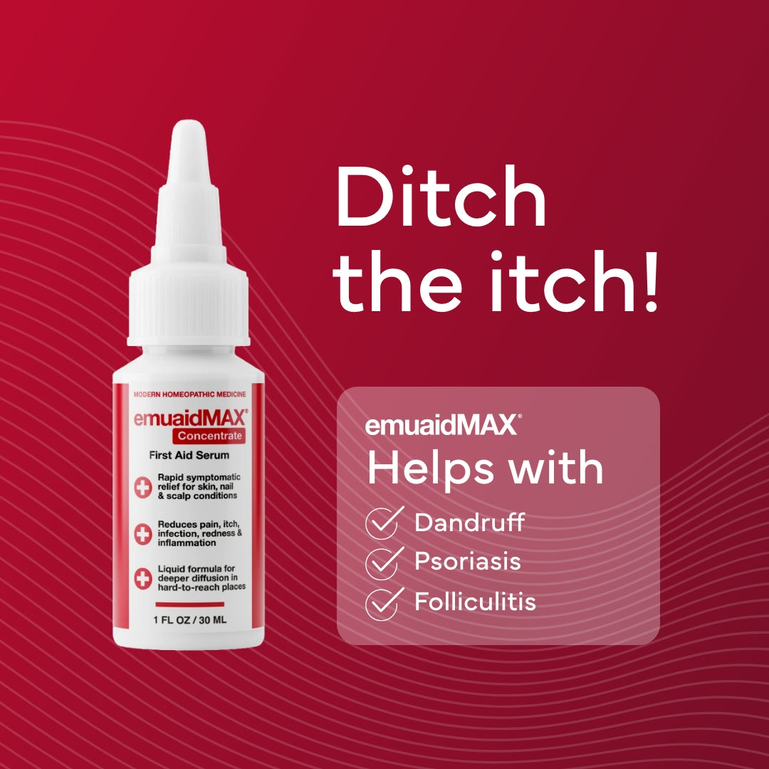 Flacon de sérum de EmuaidMAX soins EmuaidMAX avec texte sur fond rouge