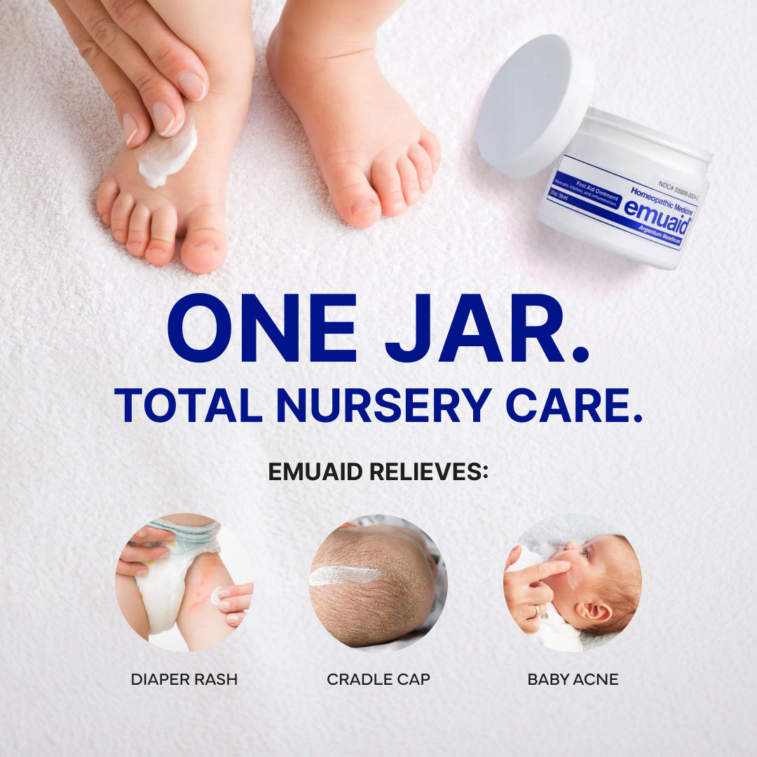Advertisement for Emuaid baby care product showing a jar of cream, baby feet, and text about its uses.