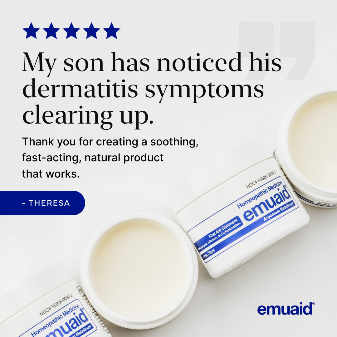 Emuaid product with customer testimonial about dermatitis symptoms clearing up