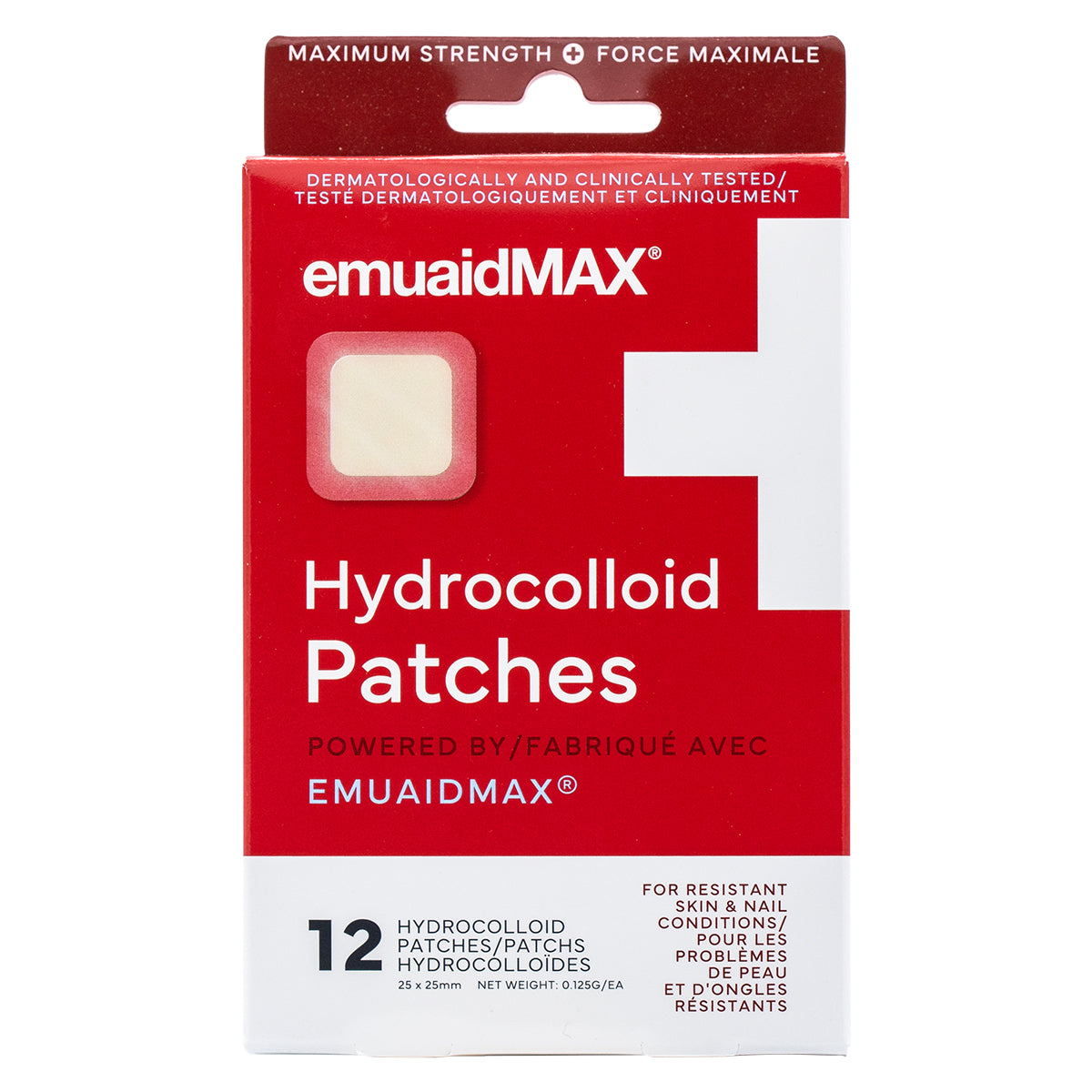 Packung emuaidMAX Pflaster auf weißem Hintergrund