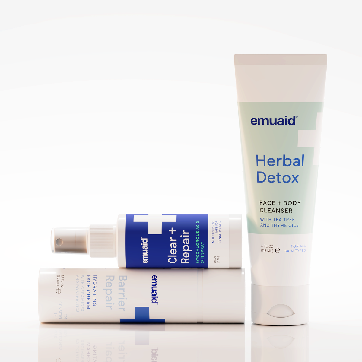 Tres productos emuaid sobre un fondo blanco
