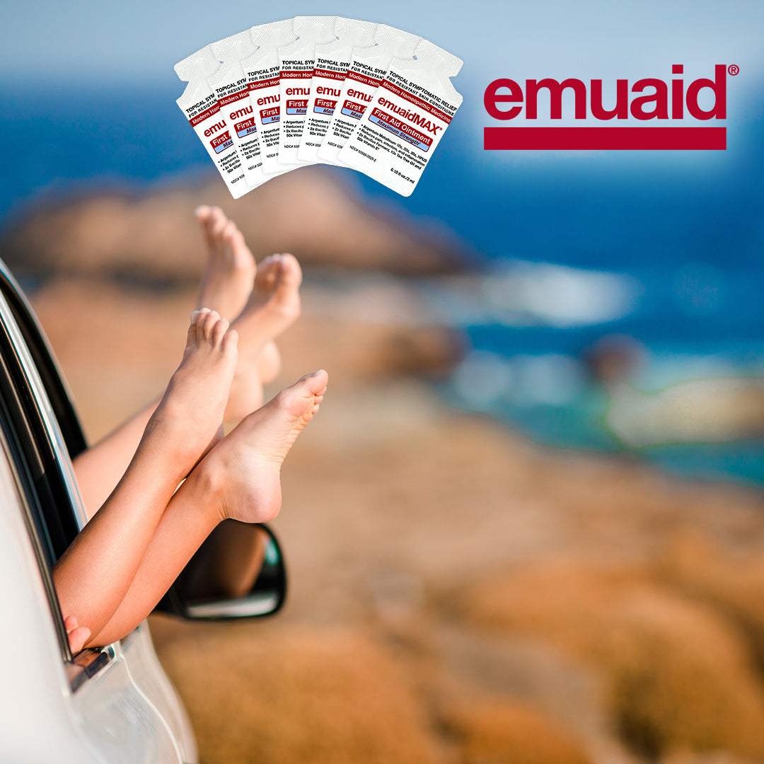 Una persona descansando en un coche en el que se ven emuaid , con un paisaje de fondo.