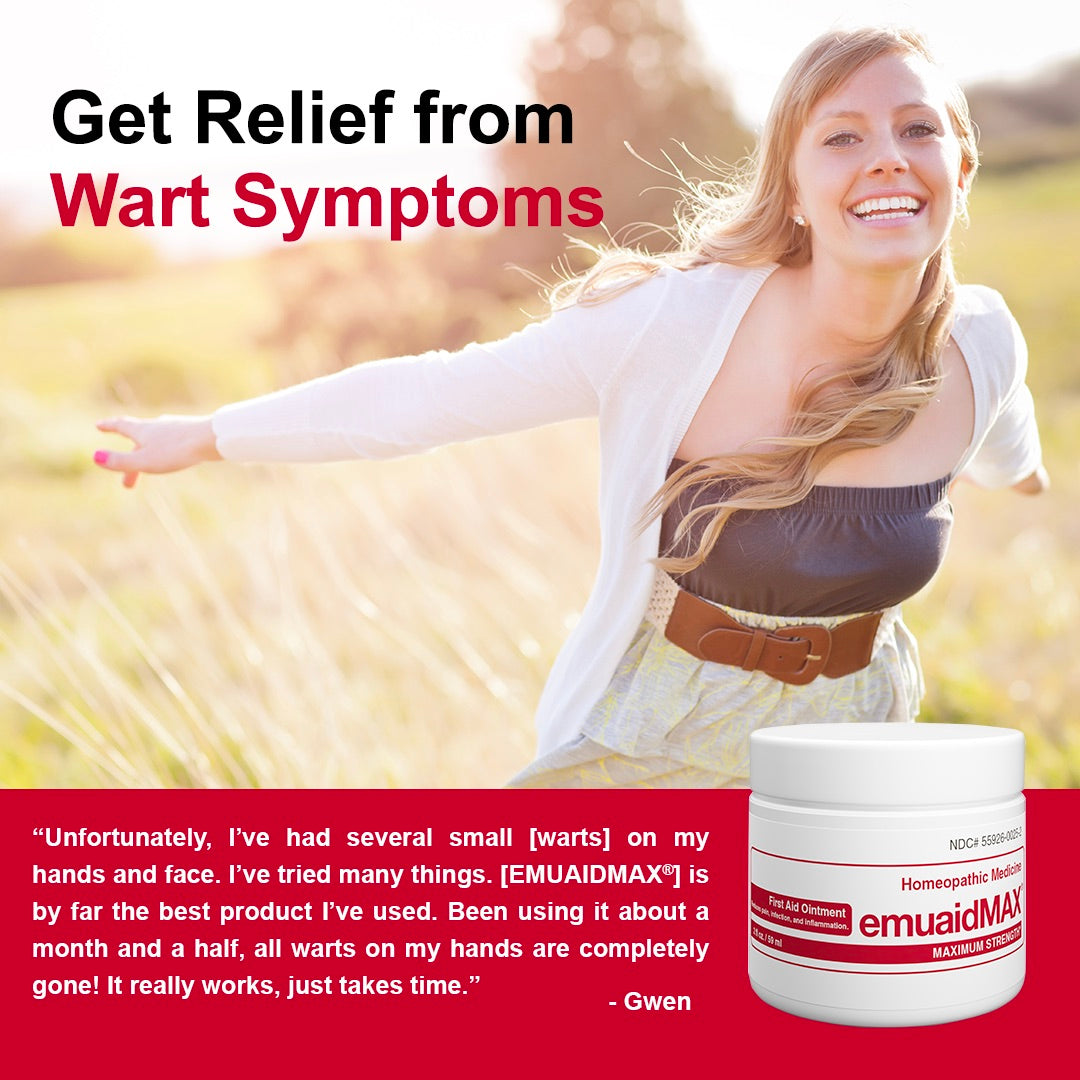 Woman in a field with a product container labeled 'emuaidMAX' and text about wart symptoms.