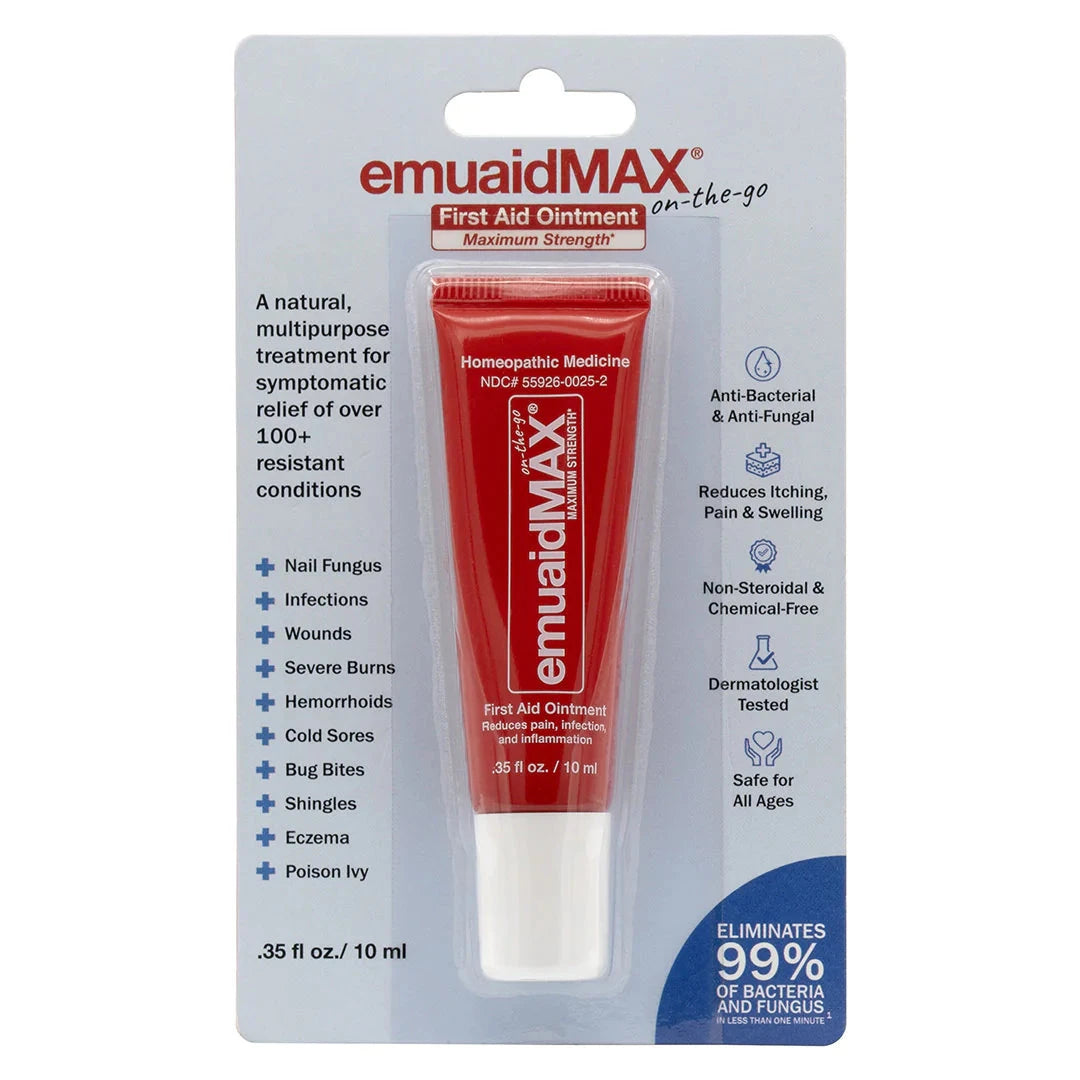 tubo de pomada de primeros auxilios emuaidmax en el envase