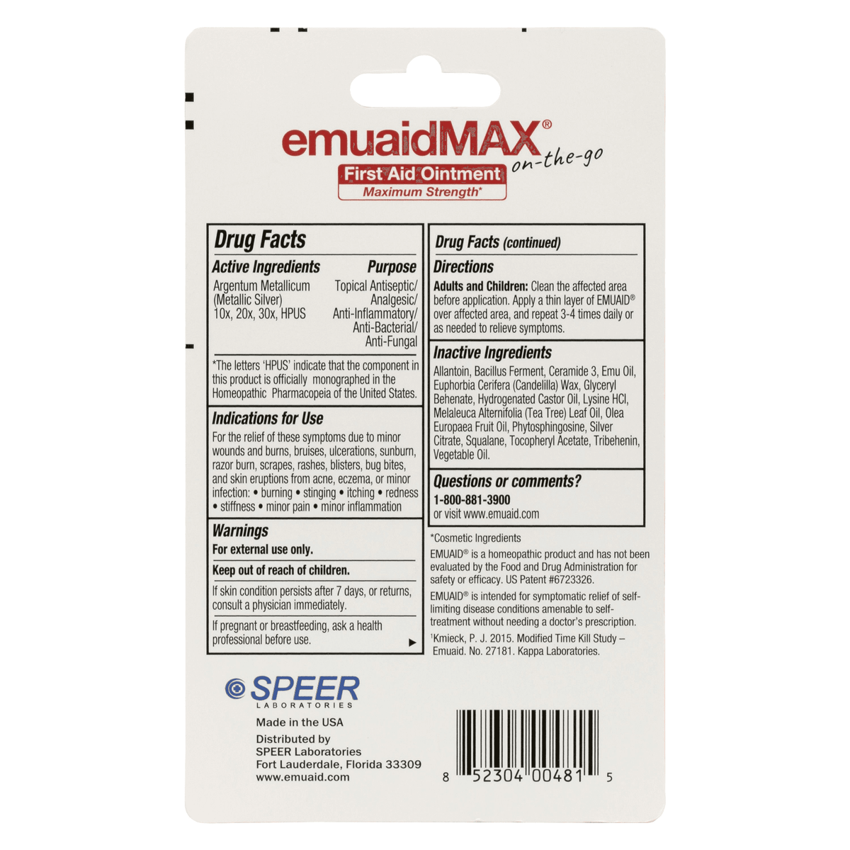 emuaidmax first aid ointment back label