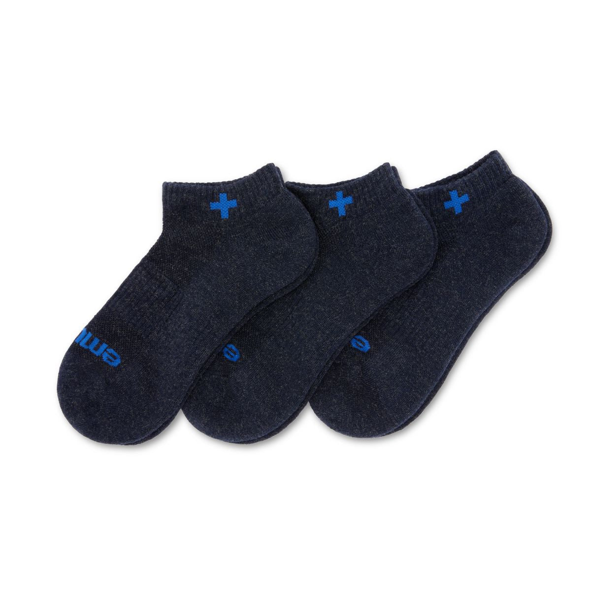 three pairs of dark blue ankle socks