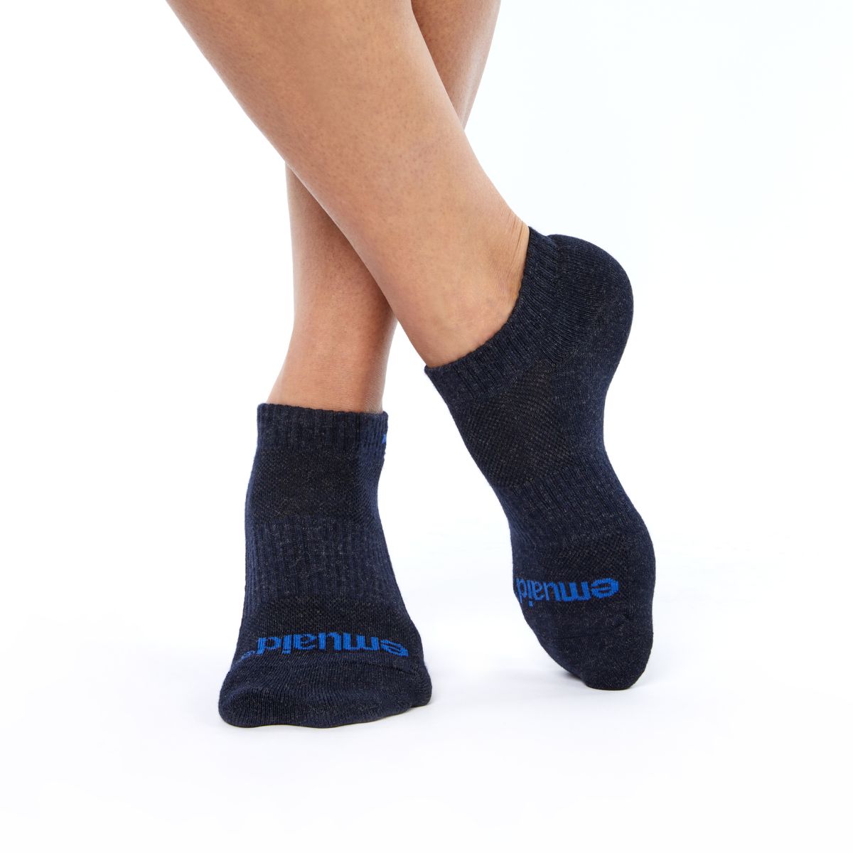 ankle length navy socks on feet