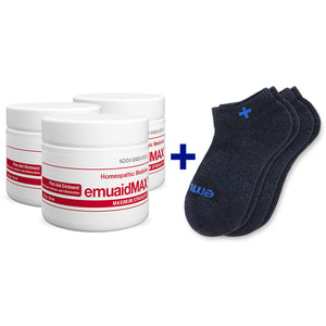 trois pots de pommade emuaidmax et trois paires de chaussettes noires