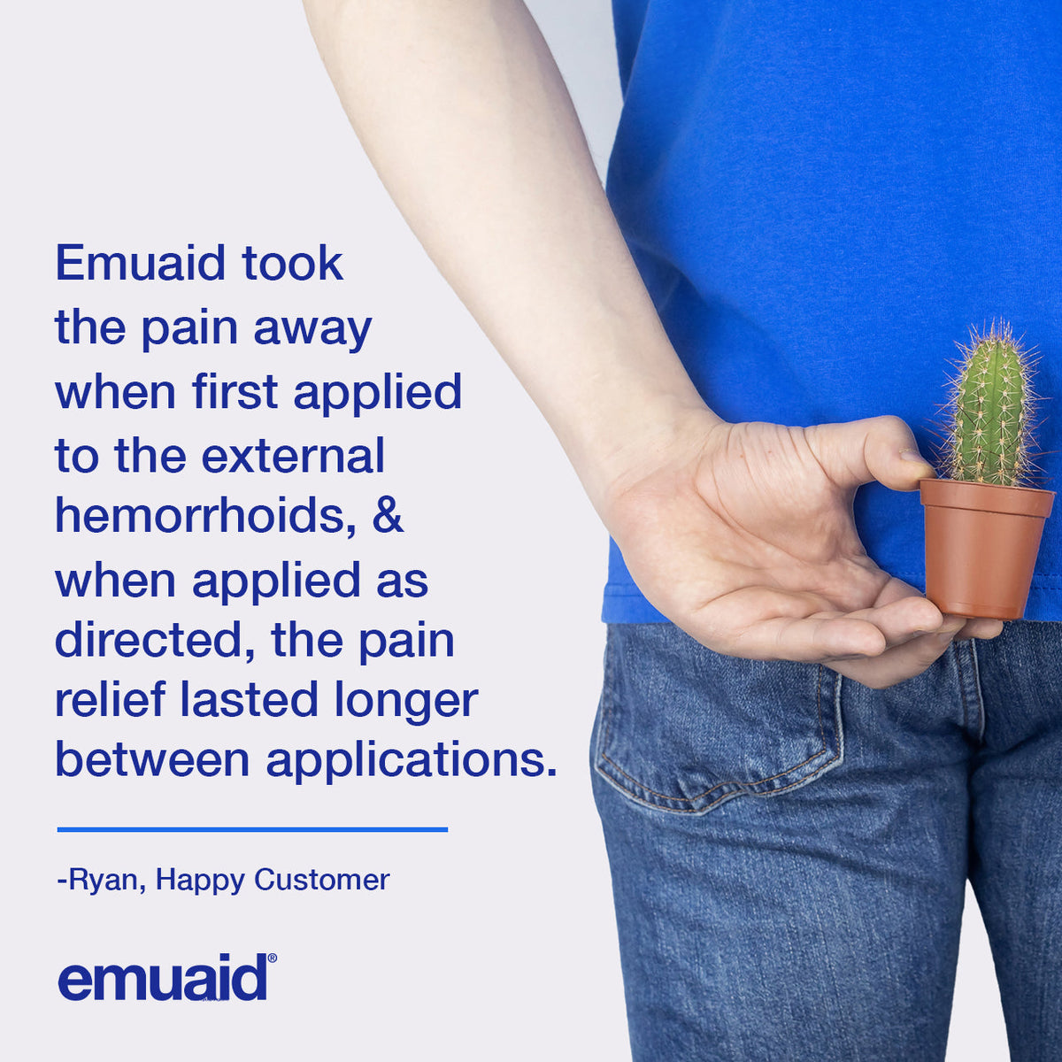 person holding small cactus with emuaid testimonial