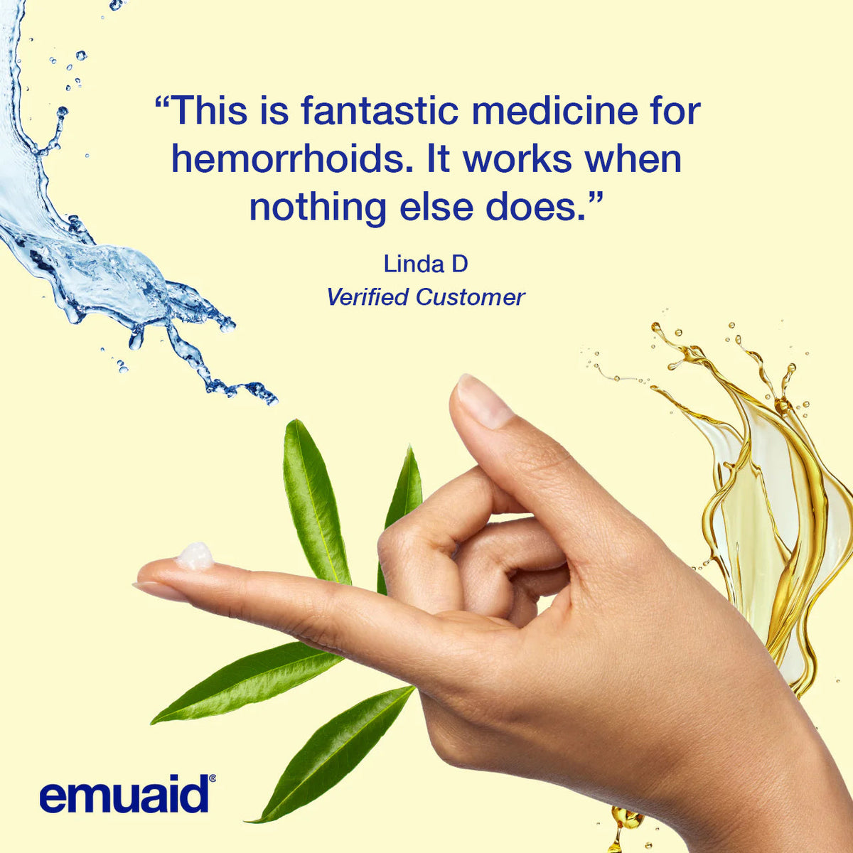 hand applying skincare cream with water and leaves background