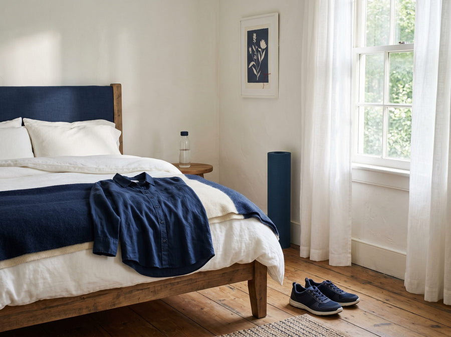 Un coin détente dans la chambre avec des vêtements amples en coton, de l'eau, des chaussures de marche et un tapis de stretching enroulé