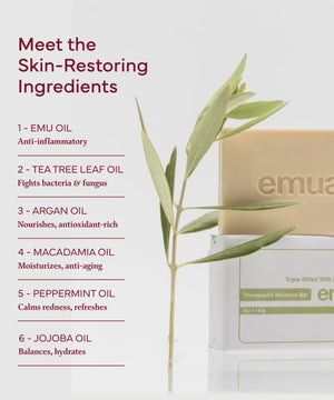 Product packaging with skin-restoring ingredients list on a light background