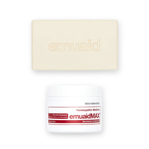 This is a picture of the EMUAIDMAX® First Aid Ointment 2oz and the EMUAID® Therapeutic Moisture Bar.  