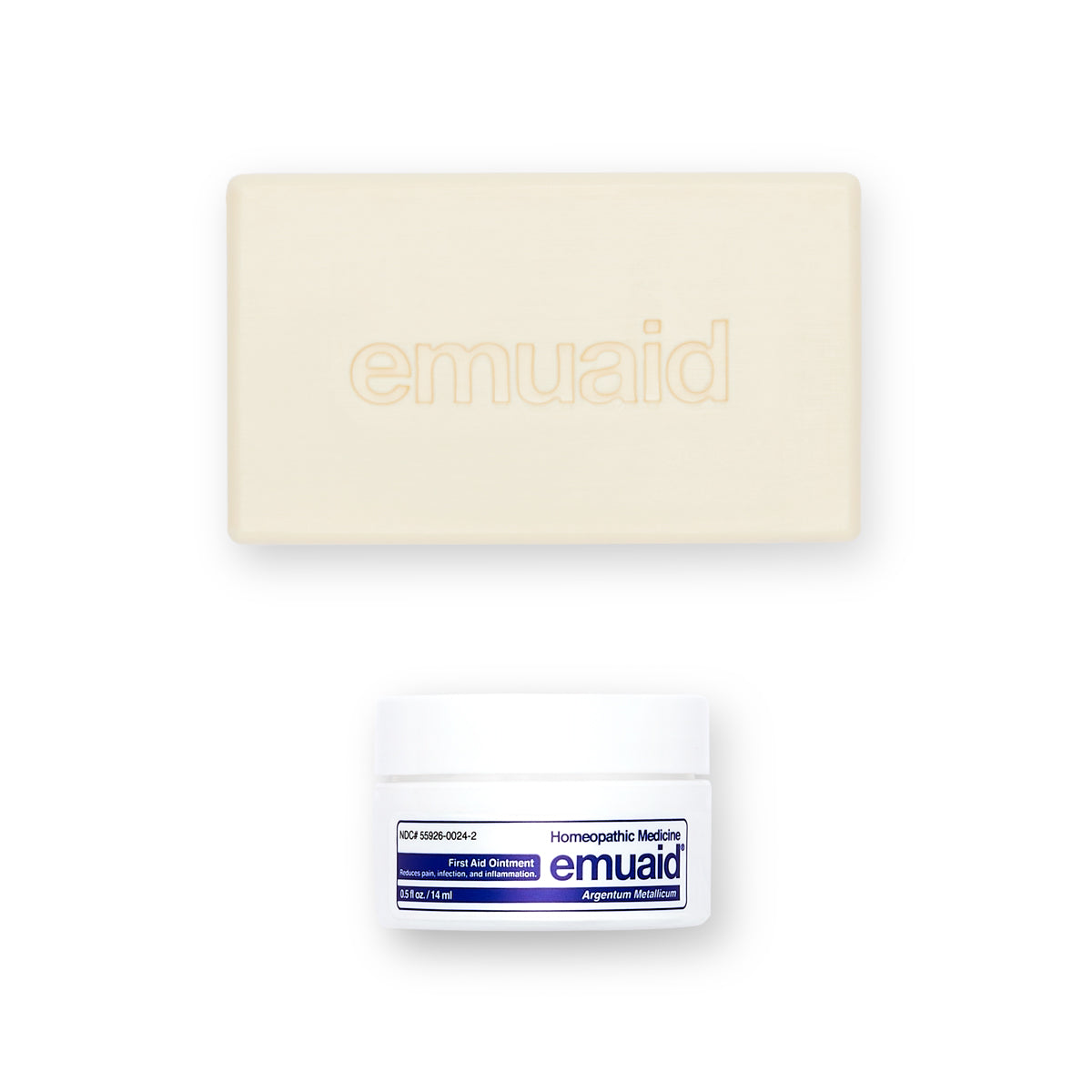 This is a picture of the EMUAID® Regular First Aid Ointment 0.5oz and the EMUAID® Therapeutic Moisture Bar.  