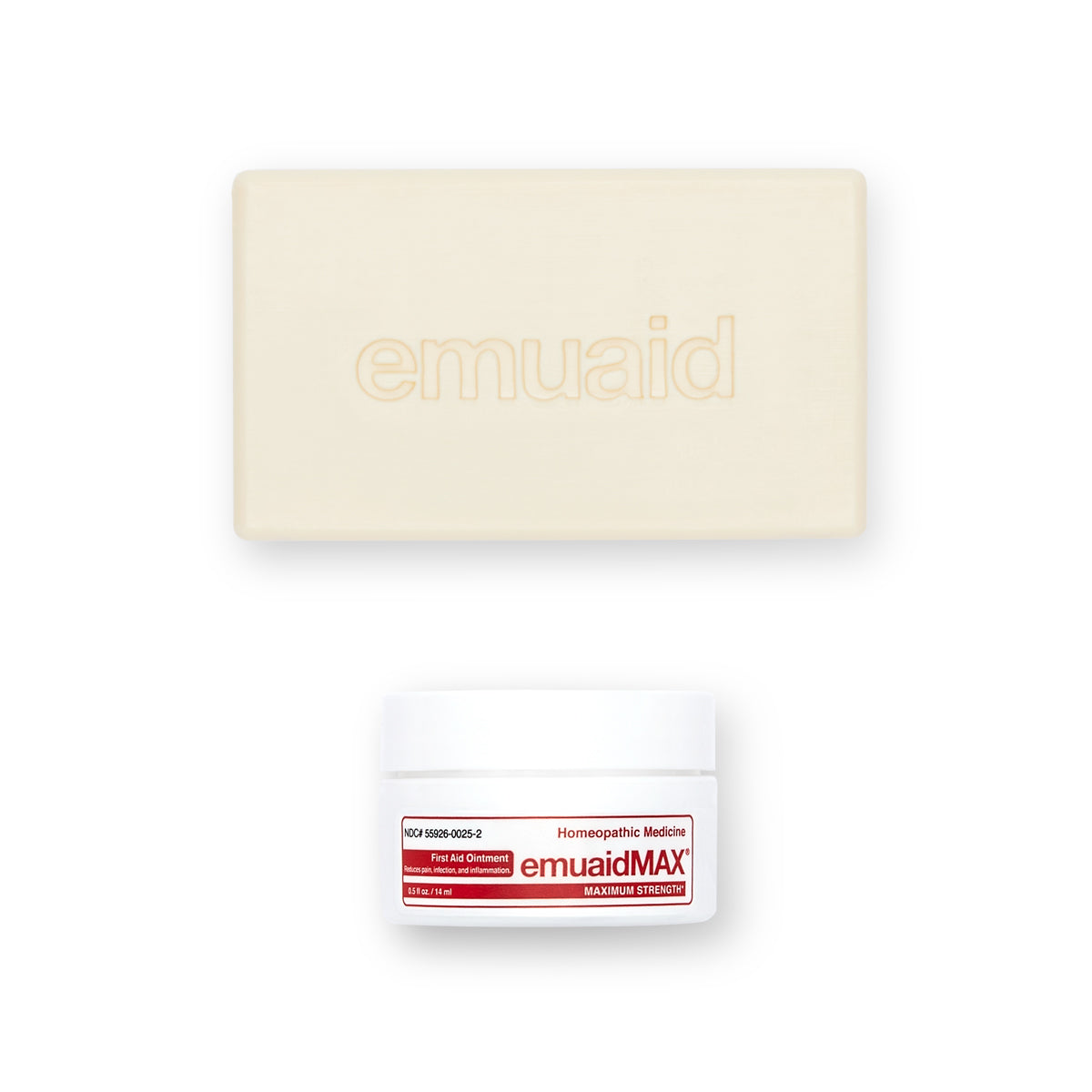 This is a picture of the EMUAIDMAX® First Aid Ointment 2oz and the EMUAID® Therapeutic Moisture Bar.