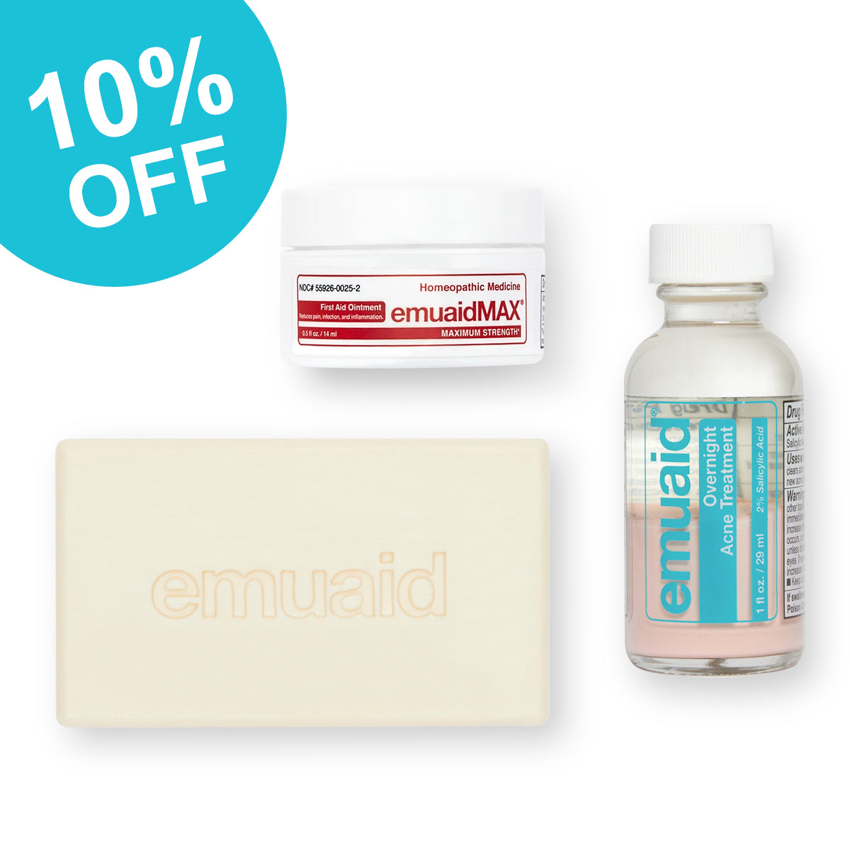 This is a picture of the EMUAID® Overnight Acne Treatment, EMUAID® Therapeutic Moisture Bar and EMUAIDMAX® First Aid Ointment 0.5oz.