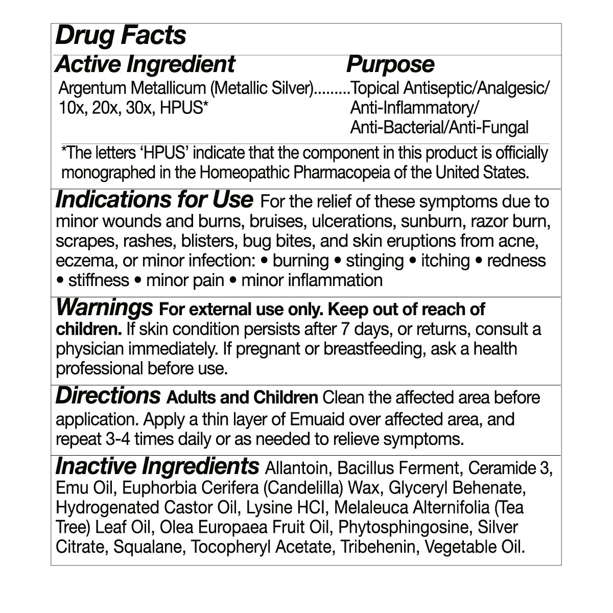 drug facts label with ingredients and directions