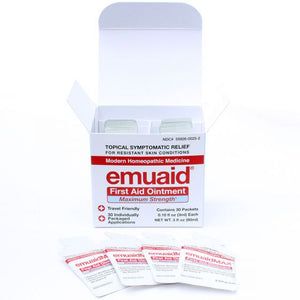 This is a picture of an opened EMUAIDMAX® First Aid Ointment 30 Days Travel Pack.