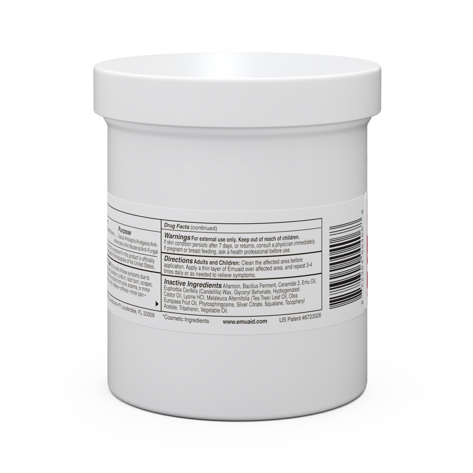 white jar with label showing drug facts and ingredients