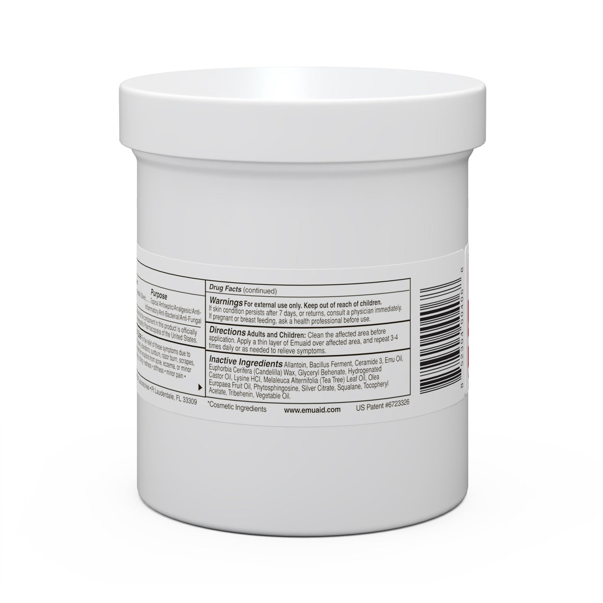 white jar with label showing drug facts and ingredients